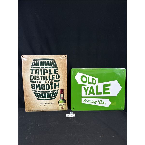 2 Embossed Tin Signs, Old Yale Brewing and Jameson 16" x 12"