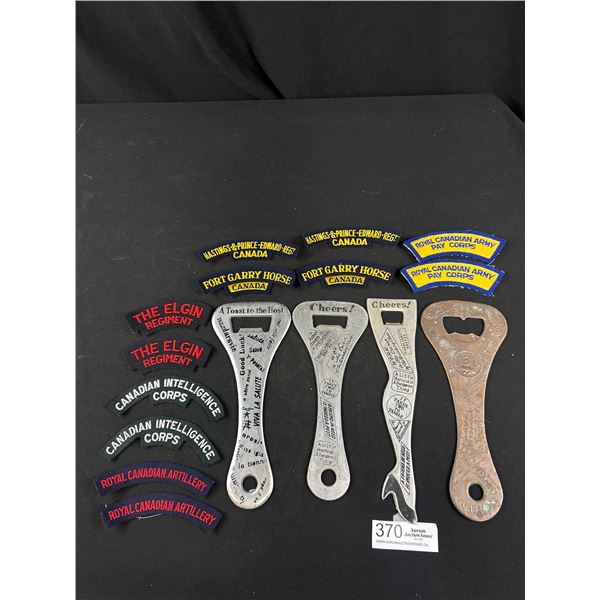 Lot of Canadian Cloth Military Patches + Advertising Bottle Openers