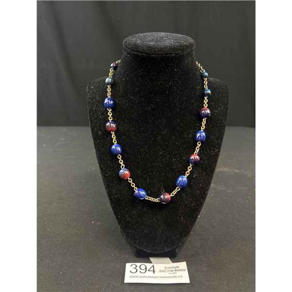 Beautiful! Antique Art Deco Peacock Glass Silver Bead Necklace
