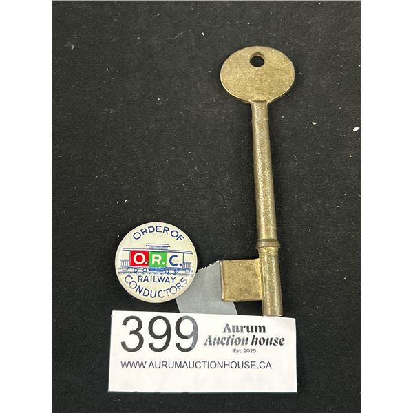 4" Brass Railway Key + Conductors Badge