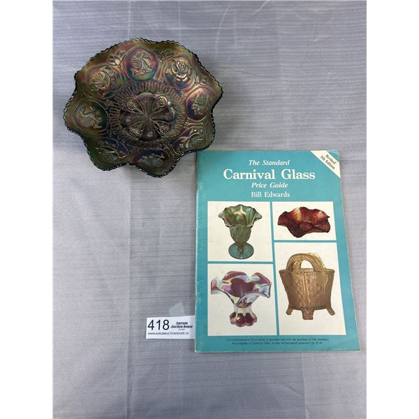 A Fabulous Dragons + Rose Pattern Carnival Glass Bowl + Book