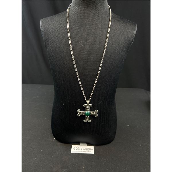 Vintage Silver Tone w/ Green Stone Cameo Cross Pendant + Chain Necklace