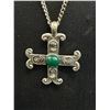 Image 2 : Vintage Silver Tone w/ Green Stone Cameo Cross Pendant + Chain Necklace