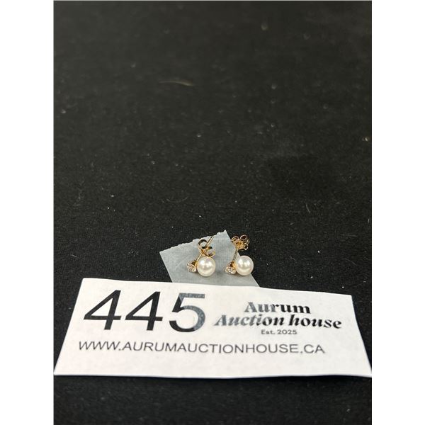 Marked 10K Gold Genuine Pearl Diamond Earrings