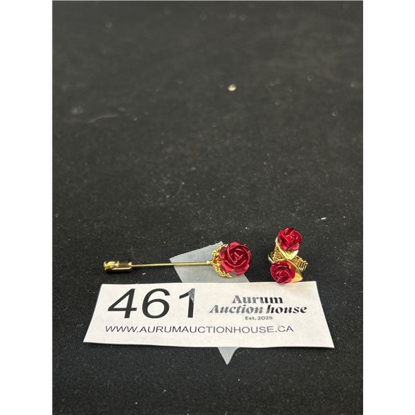 Vintage Gold Rose Stick Pin + Earrings Set