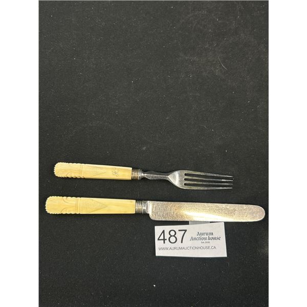Mid 1800s Ivory Knife + Fork 1850-60
