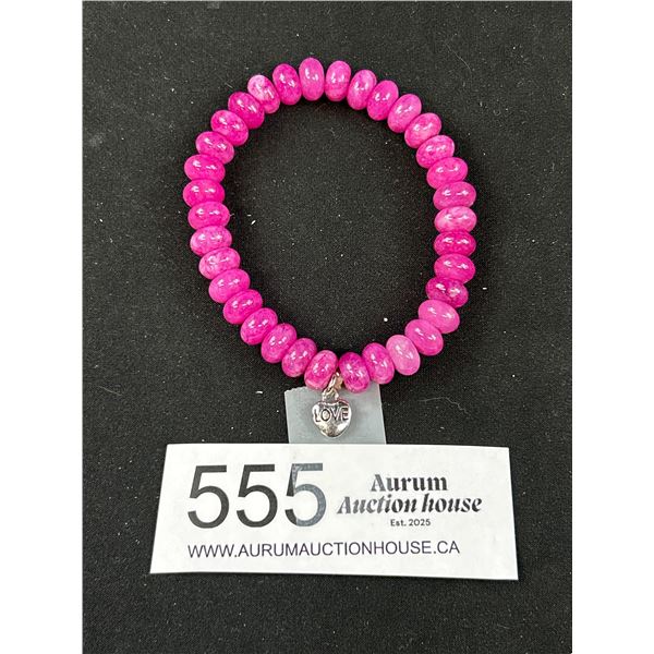 Pink Gem Stone Rondelle Beeads Bracelet w/ Love Heart Charm