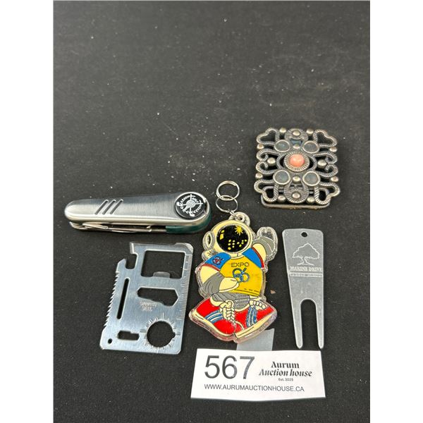 Collection of Pocket Knife Marine Drive Golf Club Pendant, Expo 86 Keychain etc