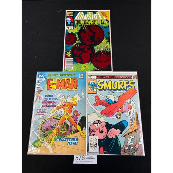 Lot of 3 Very Good Shape, First Edition Comics, E-Man, Smurfs and The Punisher On Board in Bag