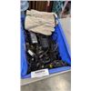 Image 1 : CRATE OF ELECTRICAL POWER SUPPLIES AND 3 NEW PAIRS OF LEATHER WORK GLOVES