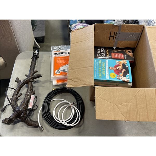 BOX OF ESTATE GOODS, TABLE LAMP, MATTRESS BAGS AND MORE