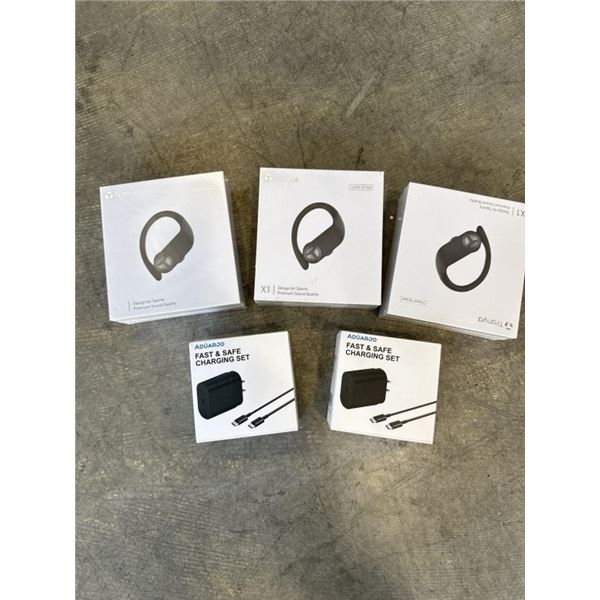 3 NEW PAIRS OF TRANYA X1 SPORT OPEN EAR BLUETOOTH WIRELESS HEADPHONES, AND 2 NEW USB CHARGERS, SINGL