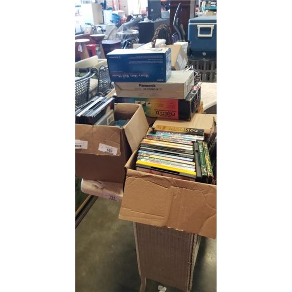 3 VINTAGE PHONE SYSTEMS, NEW OLD STOCK AND 2 BOXES OF DVDS AND GAMES