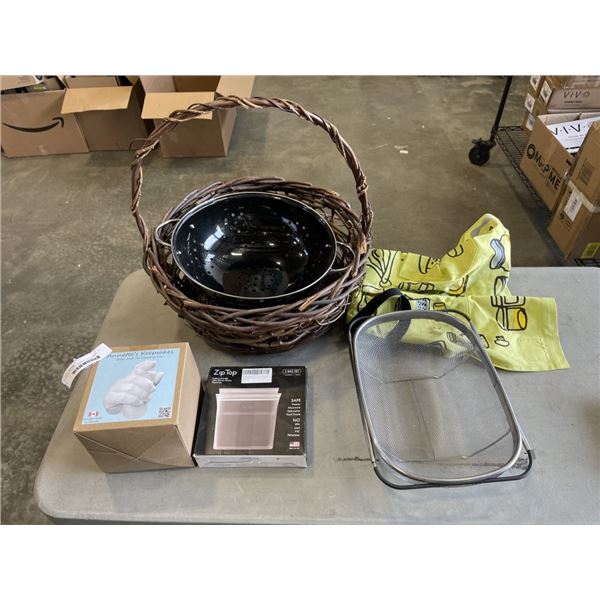PICNIC BASKET, 2 LARGE COLLANDERS, NEW CASTING KIT, APRON ETC