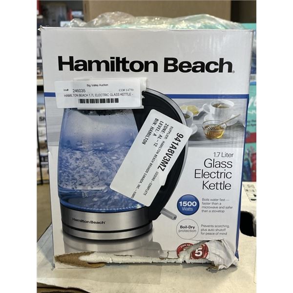 HAMILTON BEACH 1.7L ELECTRIC GLASS KETTLE - TESTED WORKING