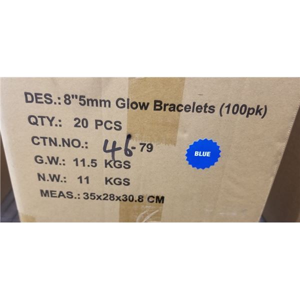 NEW CASE OF 8 INCH BLUE BRACELET GLOWSTICKS, 20 TUBES OF 100, 2000 TOTAL