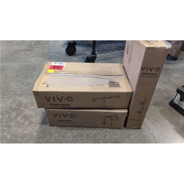 2 VIVO DUAL MONITOR DESK STANDS, VERTICAL AND HORIZONTAL MOUNTS, AND LAPTOP TRAY AND DESK MOUNT