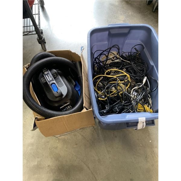 MASTERVAC SHOIP VAC, WITH HOSE AND ACCESSORIES, WORKING AND TOTE OF ASSORTED ELECTRIC POWER SUPPLIES