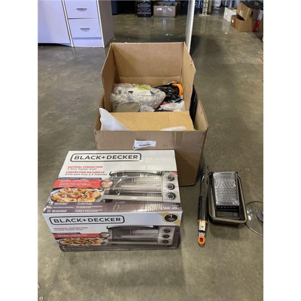 BOX OF KITCHEN SUPPLIES, MIXING BOWLS, TOASTER OVEN AND MORE