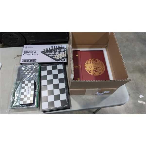 YELLOW MOUNTAIN CASED MAH JONG SET AND 4 YELLOW MOUNTAIN CHESS SETS
