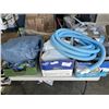 Image 1 : 2 INFLATABLE VINYL POOLS, ONE COVER, ONE FLOATY AND HOSES, PUMP ETC