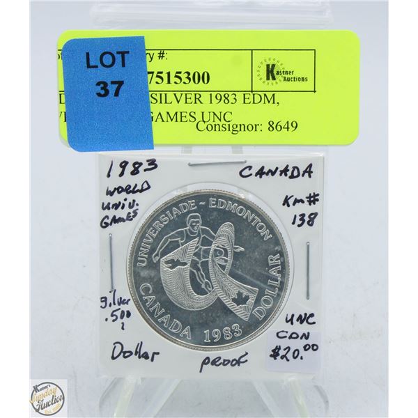 CDN DOLLAR SILVER 1983 EDM, WRLD UNIV. GAMES UNC
