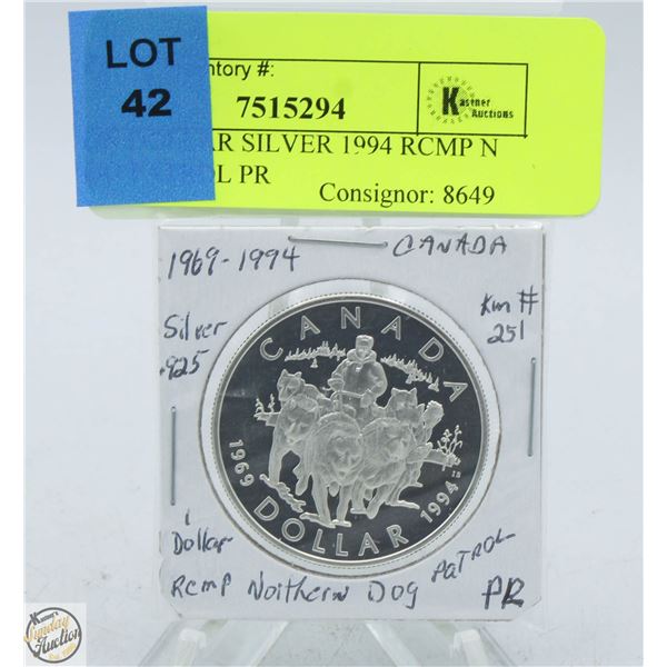 CDN DOLLAR SILVER 1994 RCMP N DOG PATROL PR