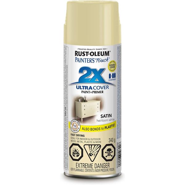 THREE 340G CANS OF RUST-OLEUM SATIN HEIRLOOM WHITE