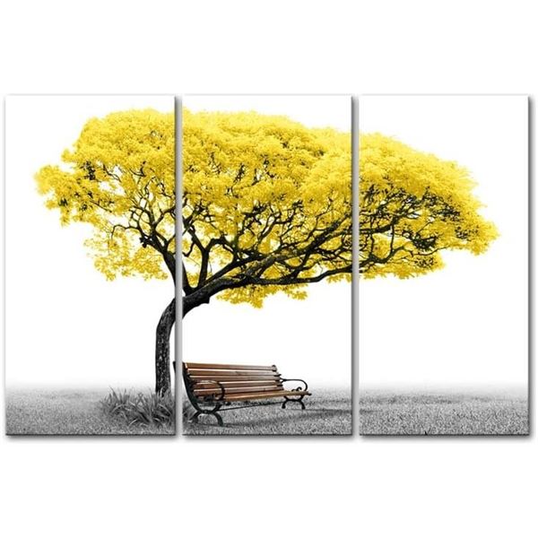 NEW YELLOW TREE 3 PANEL CANVAS WALL HANGING SET
