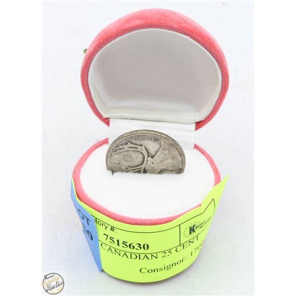 1943 SILVER CANADIAN 25 CENT COIN