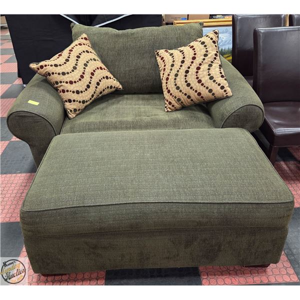 GREEN FABRIC 2 SEATER SOFA WITH LARGE OTTOMON
