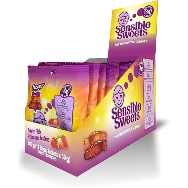 NEW HUER SENSIBLE SWEETS FRUITY FISH 12 X 50G BAGS