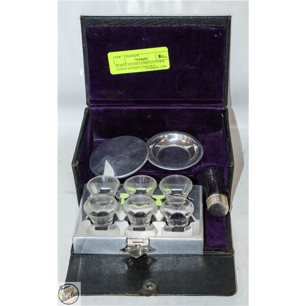 PURPLE VELVET LINED LEATHER CASED ANTIQUE LIQUOR-