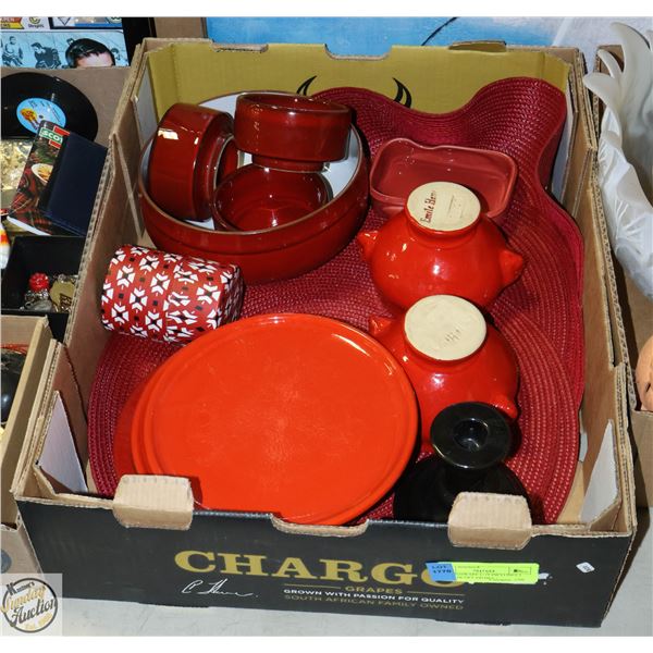 RED DISHWARE LOT INCLUDES 2 EMILE HENRY DISHES +