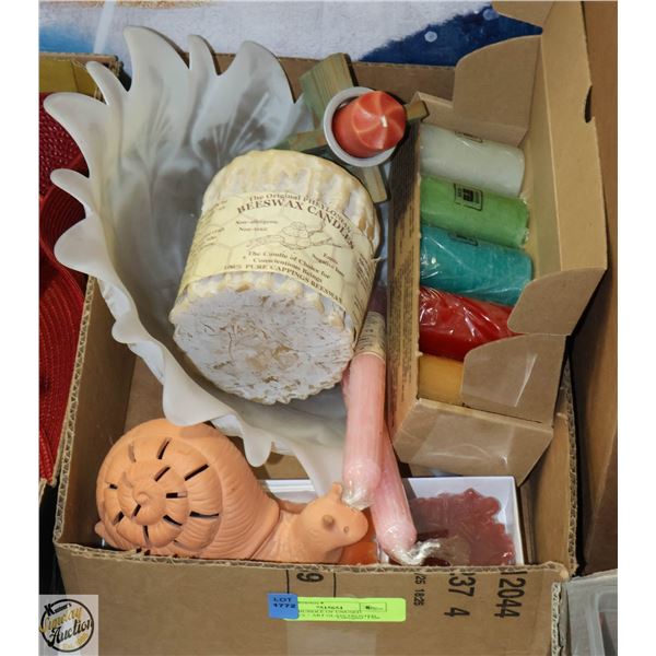 LARGE BUNDLE OF UNUSED CANDLES + ART GLASS FROSTED