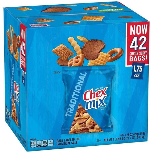 REPACKED 42 X 1.75 OZ BAGS OF CHEX MIX SNACK MIXES