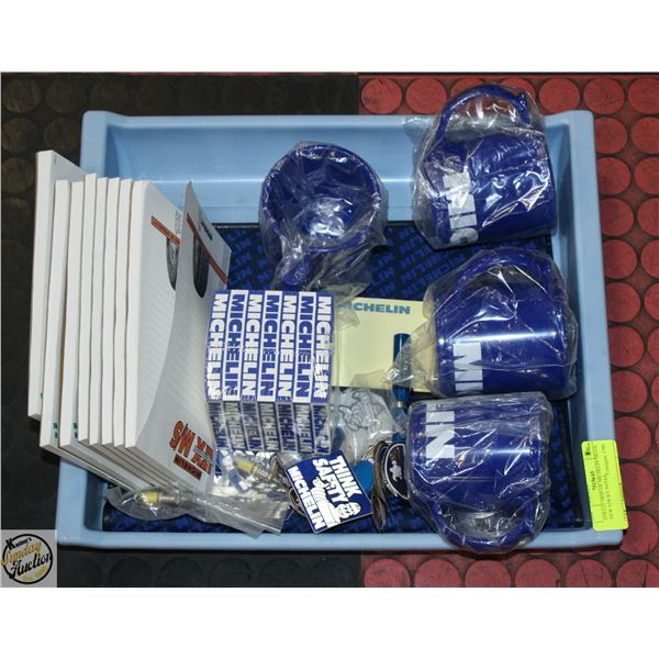 COLLECTION OF NEW MICHELIN MUGS, NEW STICKY NOTES,