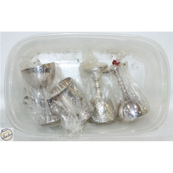 LOT OF SILVER PLATED CUPS AND SILVERWARE