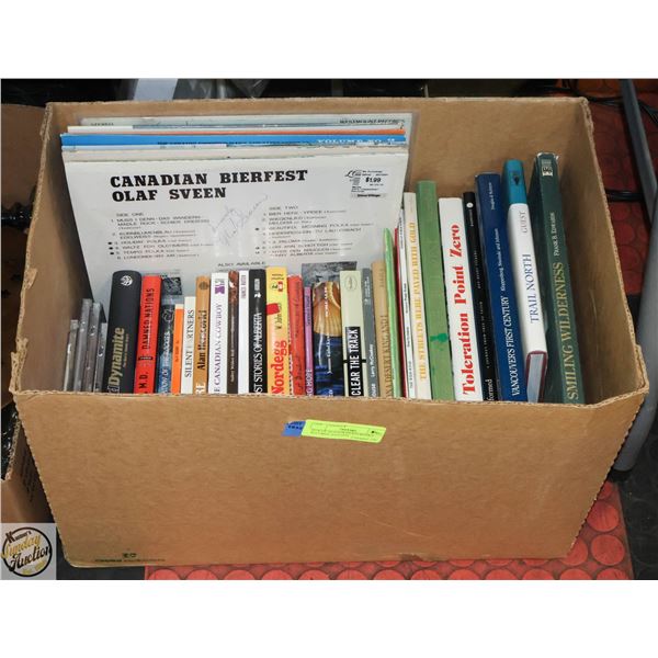 BOX OF AUTOGRAPHED BOOKS, RECORDS AND CD'S