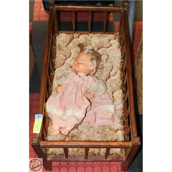DOLL BED W/ 1 DOLL WOODEN HANDMADE