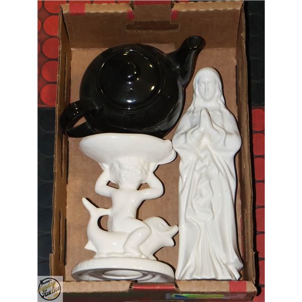 PAIR OF ESTATE CERAMIC STATUES + LIDDED TEAPOT BLK