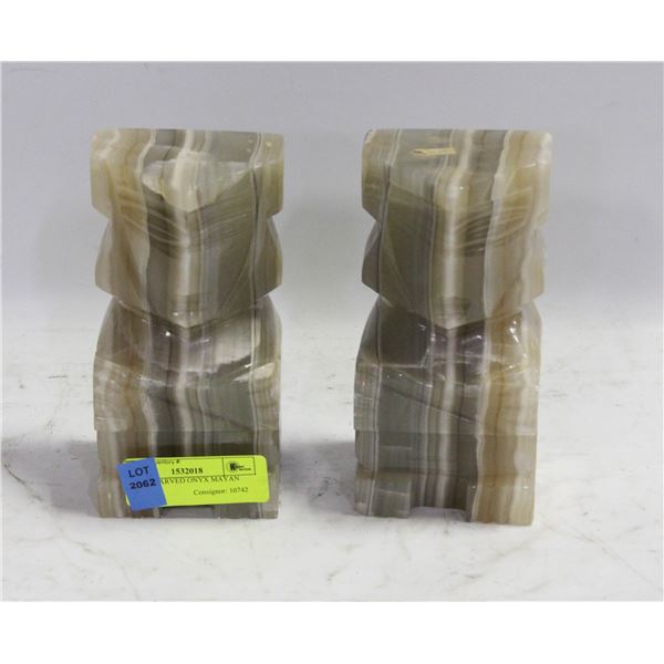 PAIR OF CARVED ONYX MAYAN STATUES