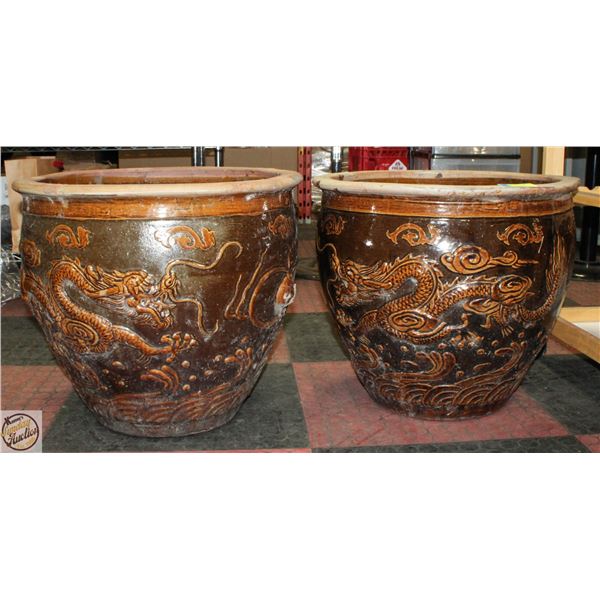 2 LARGE MATCHING DRAGON PLANTERS WITH DRAIN HOLES