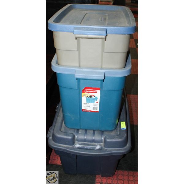 3 TOTES WITH LIDS RUBBERMAID ROUGHNECKS