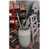 LARGE PLASTIC BARREL WITH 3 RAKES