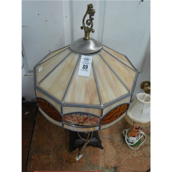 Ornate Brass Base Leaded Glass Lamp w/Floral Inserts