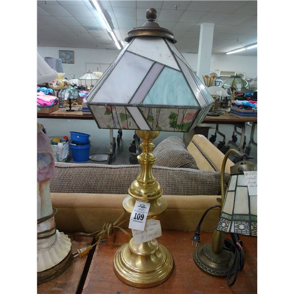 Brass Lamp w/Leaded Glass Floral Shade