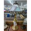 Image 1 : Brass Lamp w/Leaded Glass Floral Shade