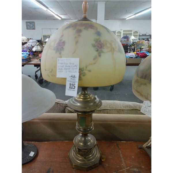 Brass Base w/Reversed Painted Floral Shaded Lamp