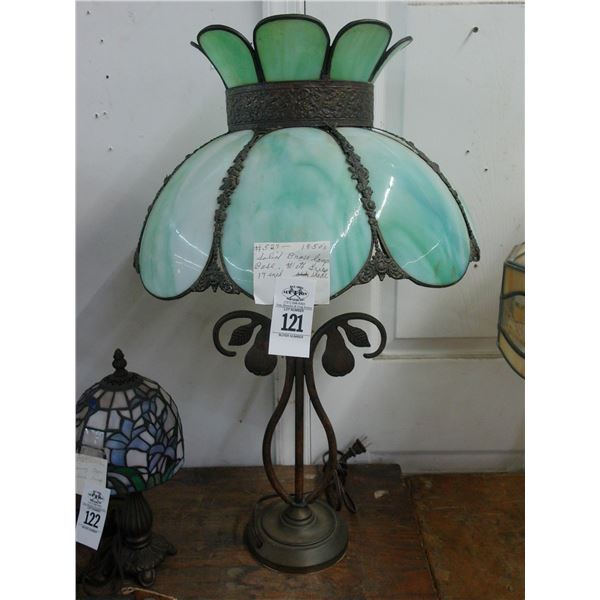 Solid Brass Pair Base w/Vintage Leaded Glass Shaded Lamp